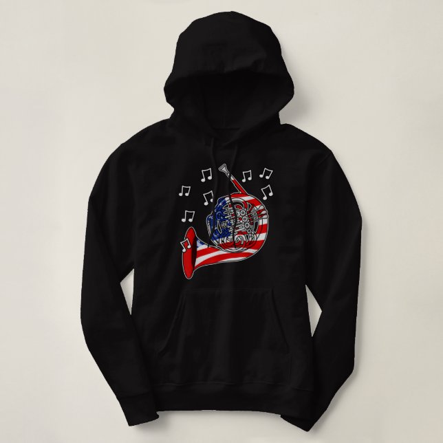 4:e juli-Fransken Horn American Flagga Brass Music T Shirt (Design framsida)