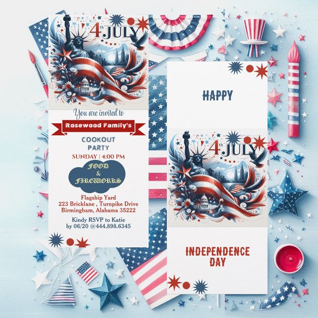 4:e juli Fyrverksfärgning Party Red Blue Inbjudningar (4th Of July Food Fireworks Cookout Party Red Blue Invitation)