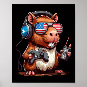 4:e Juli Gamer Capybara – Rolig Patriotisk Anima Poster