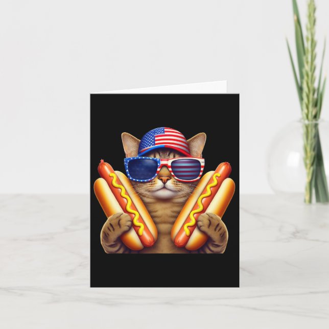 4:e juli Hotdog Cat Funny Patriotic Cat Usa Fla Kort (Framsida)