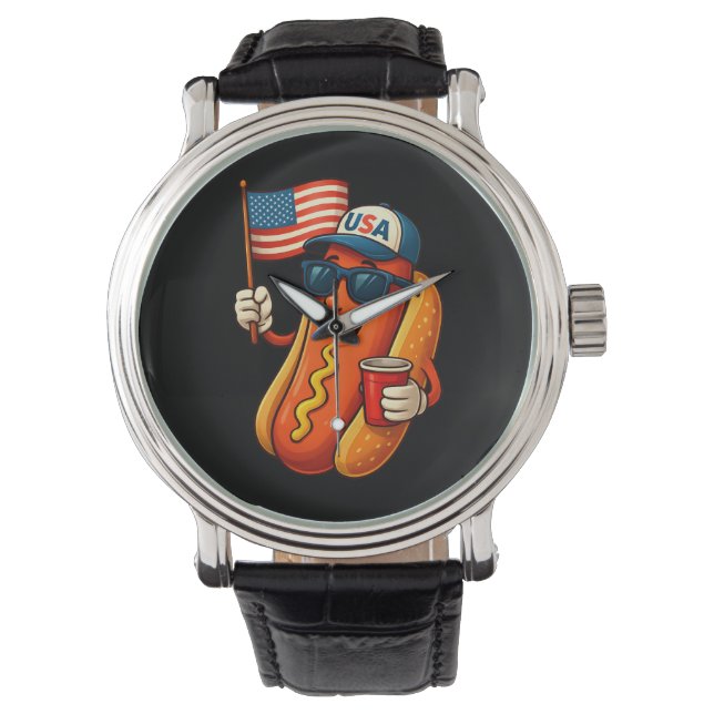 4:e juli Hotdog Funny Patriotic USA flagga Armbandsur (Framsida)