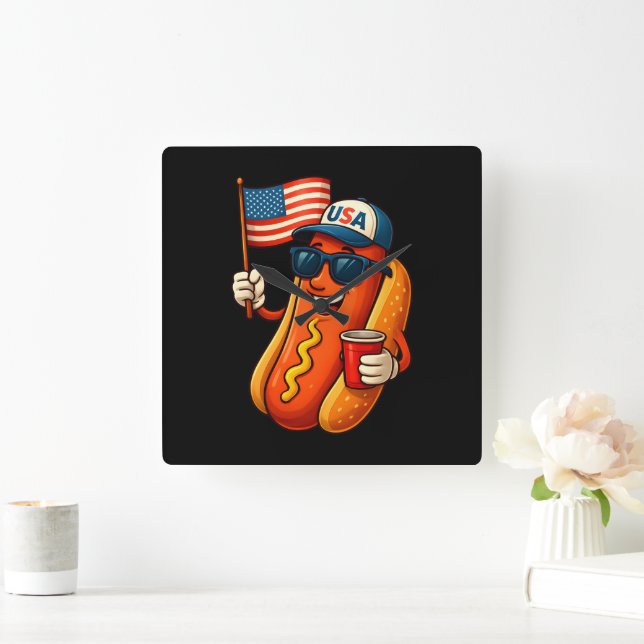 4:e juli Hotdog Funny Patriotic USA flagga Fyrkantig Klocka (Hem)