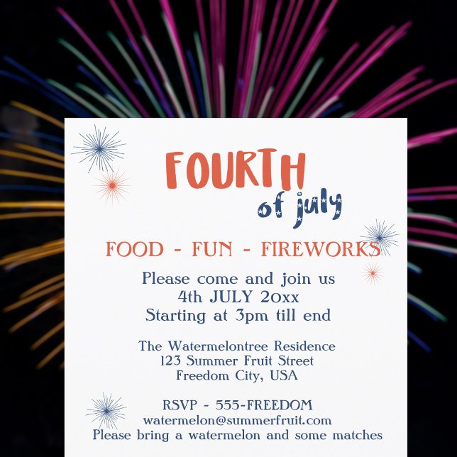 4:e juli-inbjudan till Fireworks-partiet för Rolig Inbjudningar (Food, Fun, Fireworks! Perfect for a 4th of July Party)