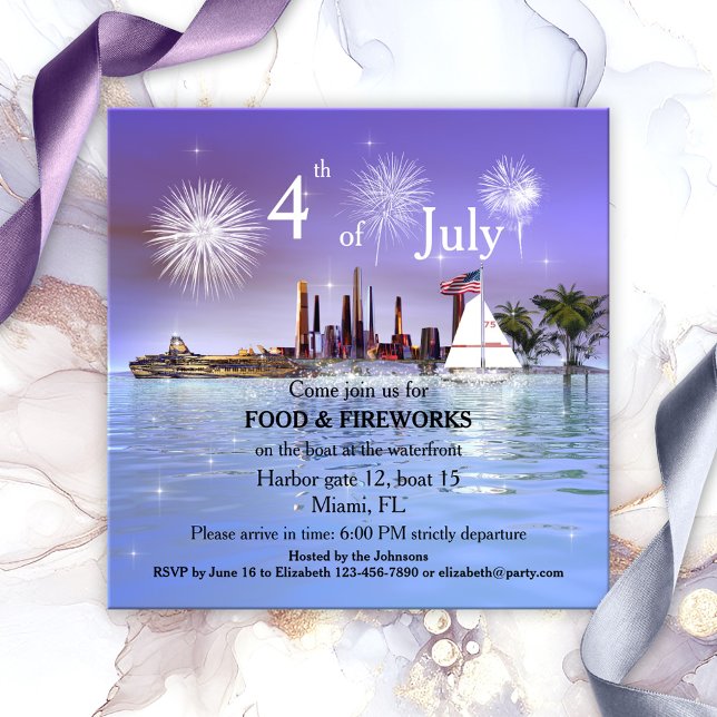 4:e juli - inbjudan till Sailing or Cruise Firewor (Festive boating invitation for the 4th of July with fireworks at the harbor)