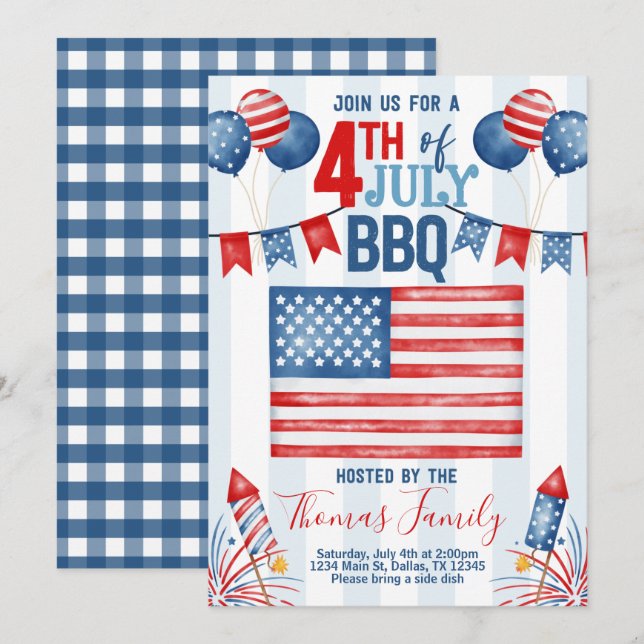 4:e juli Independence day-inbjudan till BBQ-partie Inbjudningar (Fram/baksida)