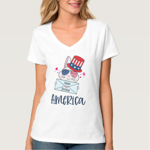 4:e juli Kanin med glaset USA flagga Sol T Shirt