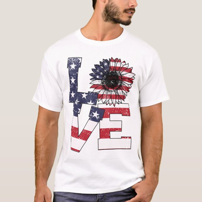 4:e juli Kärlek Solros Patriotic American Flagga T Shirt (Framsida)