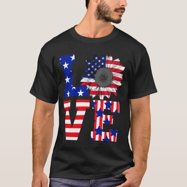 4:e juli Kärlek Solros Patriotic American Flagga T Shirt (Framsida)