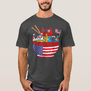 4:e juli Katt Eat Ramen Anime American Flagga US T Shirt
