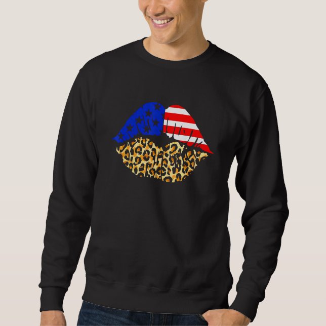 4:e juli Läppar American Flagga Leopard Patriotic  Lång Ärmad Tröja (Framsida)