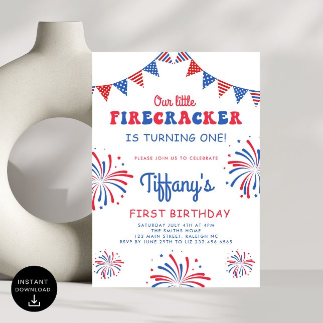 4:e juli Lilla Firecracker Första födelsedagen Inbjudningar (Skapare uppladdad)