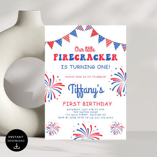 4:e juli Lilla Firecracker Första födelsedagen Inbjudningar
