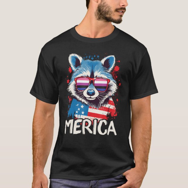4:e juli Merica Raccoon Gender Fluid Sunglasse T Shirt (Framsida)