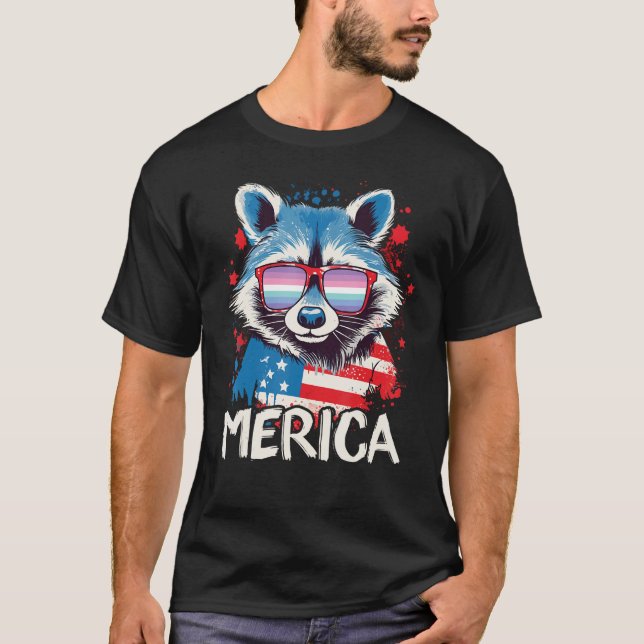 4:e juli: Merica Raccoon Genderfrith Sunglass T Shirt (Framsida)