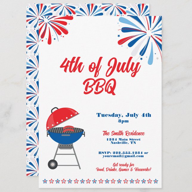4:e juli Party BBQ Patriotic Rött vitt blått Inbjudningar (4th of July BBQ Party Invitation, Fourth of July Cookout, Patriotic Red White & Blue)
