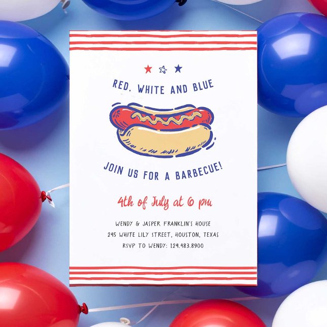 4:e juli Party BBQ Quirky Hand Drawn Inbjudningar (Hot dog BBQ 4th of July party invitation)