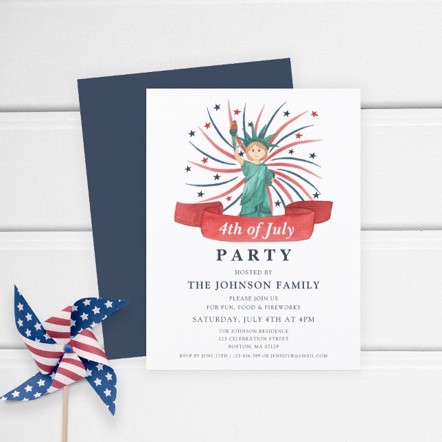 4:e juli Party Cute Patriotic Frihetsgudinnan Inbjudan Vykort (4th Of July Party Cute Patriotic Statue Of Liberty Invitation Postcard)
