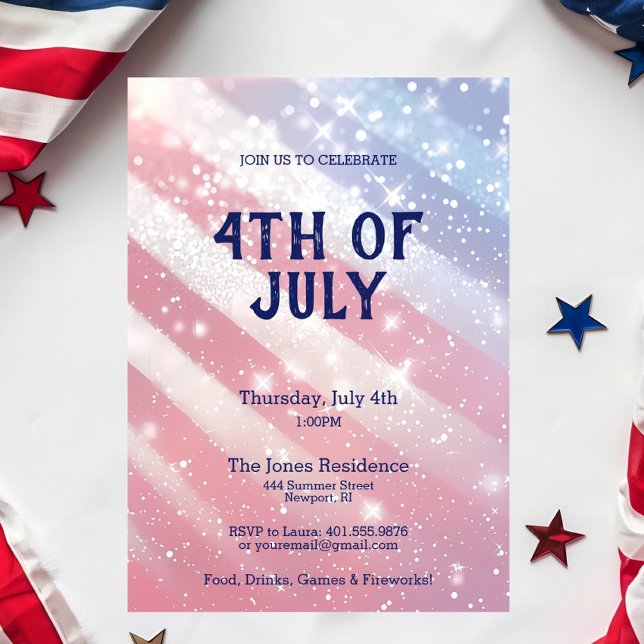 4:e juli Party, Rött vitt blått patriotisk Glitter Inbjudningar (4th of July Glitter Red, White & Blue Party Invitation)