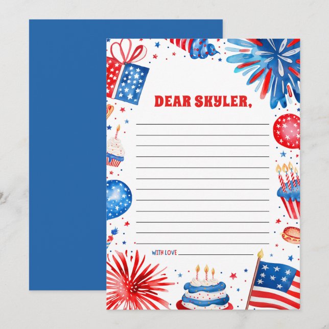 4:e juli Patriotic Birthday Time Kapsel Card Inbjudningar (Fram/baksida)
