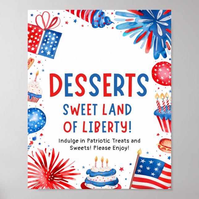 4:e juli Patriotic Fireworks Sommar Dessert-skylt Poster (Framsidan)