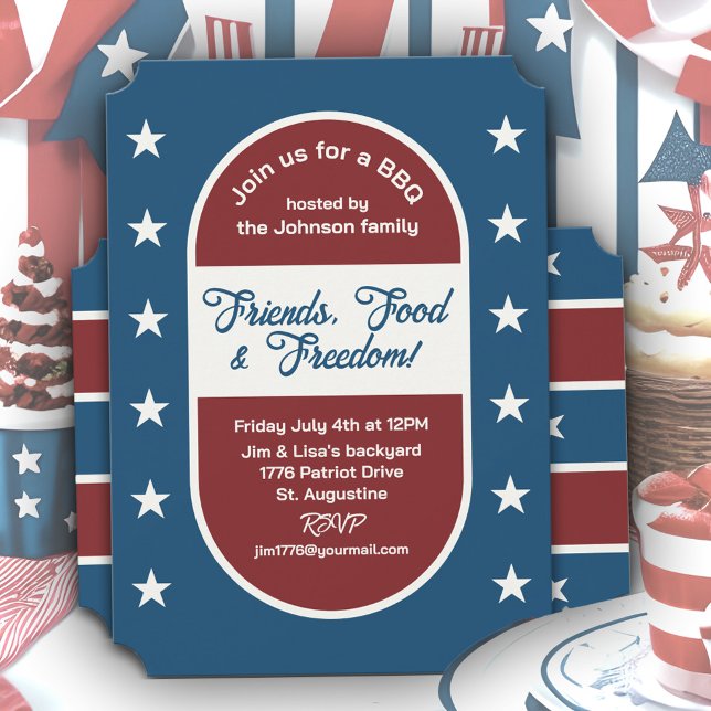 4:e juli Patriotic Freedom Backyard BBQ Party Inbjudningar (Bold new 4th of July BBQ party invitations in classic, patriotic red, white and blue.)