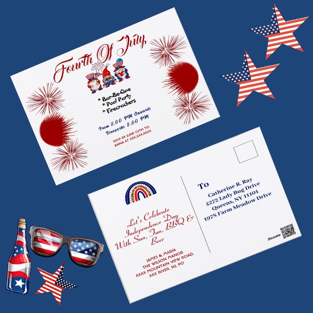 4:e juli: Patriotic Gnomes BBQ-inbjudan vykort (4th July Patriotic Gnomes BBQ Invitation Postcard)