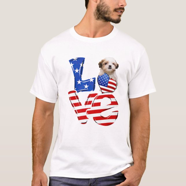4:e juli Patriotic KÄRLEK Nalle Hund American T Shirt (Framsida)