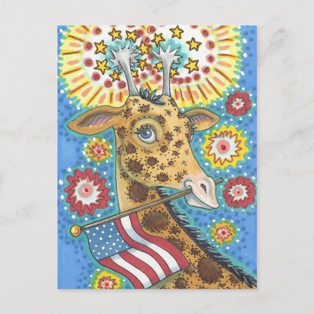 4:E JULI PATRIOTISK GIRAFFE, HELGDAG POSTCARD HELG VYKORT (Framsida)