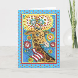 4:E JULI PATRIOTISK GIRAFFE OCH FIREWORKS Cute Rol Helgkort