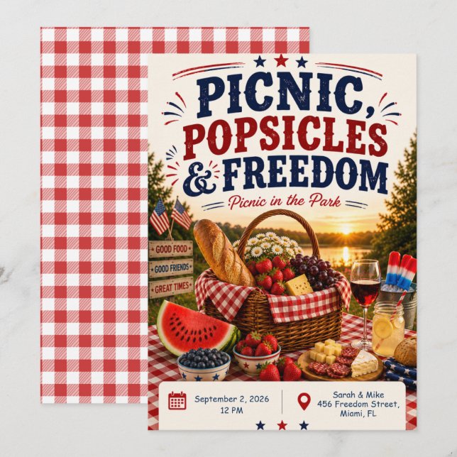 4:e juli picknickinbjudan – Patriotisk utomhusfest Inbjudningar (Fram/baksida)