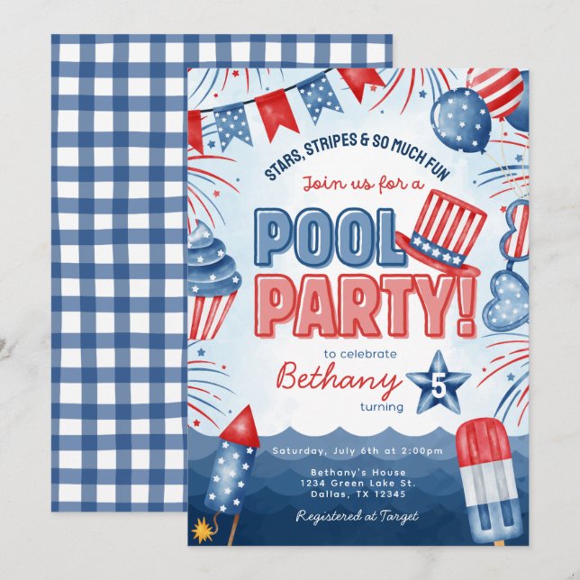 4:e juli poolparty födelsedagsinbjudan kort (Fram/baksida)