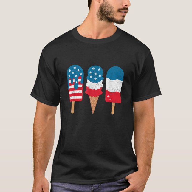 4:e juli Popsicle Rött vitt blått American Flagga T Shirt (Framsida)