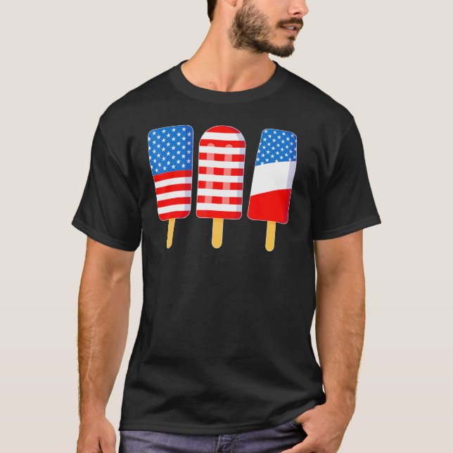 4:e juli Popsicle Rött vitt blått American Flagga T Shirt (Framsida)