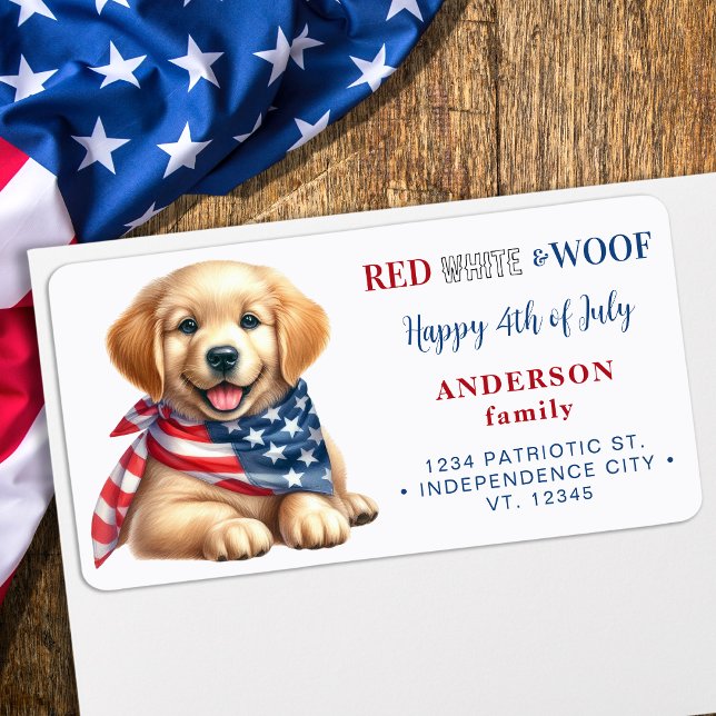 4:e juli Puppy-Hund Patriotic Returadress Adressetikett (Skapare uppladdad)