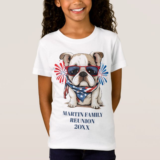 4:e juli Red Blue Bulldog Family Reunion Girl's T Shirt (Framsida)