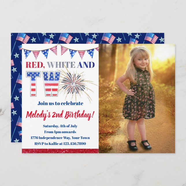 4:e juli Red White & TWO Firecracker Birthday Inbjudningar (Fram/baksida)