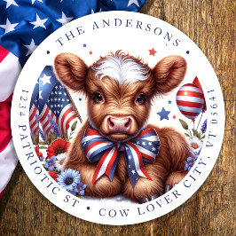 4:e juli Returadress Cute Patriotic Cow Runt Klistermärke