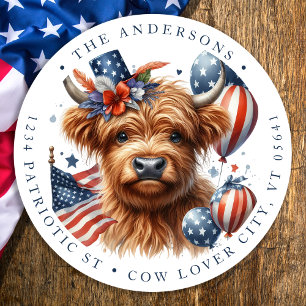 4:e juli Returadressen Highland Cow Patriotic Runt Klistermärke