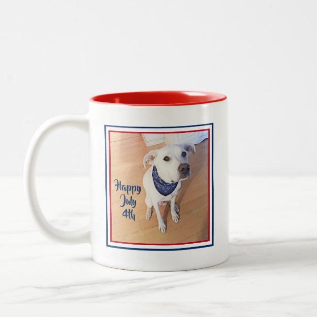 4:e juli Röd, Vit, Blåfärgad, Vit valp Hund Två-Tonad Mugg (Vänster)