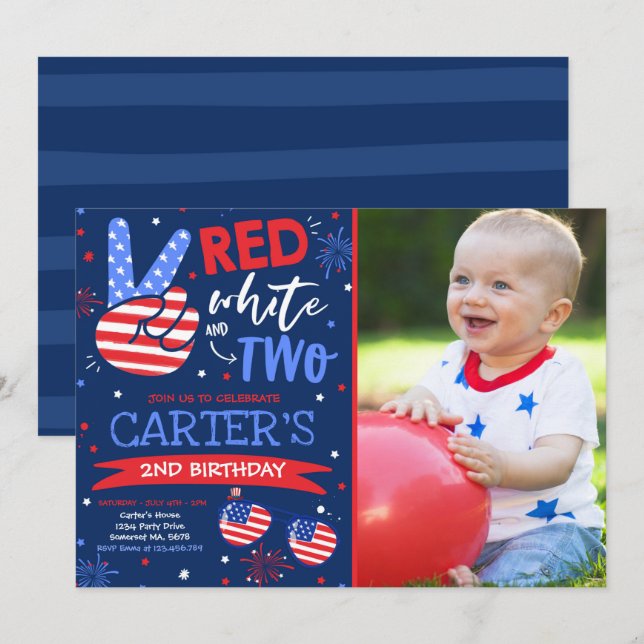 4:e juli Röd vit och blå 2:a födelsedagen Inbjudningar (Fram/baksida)