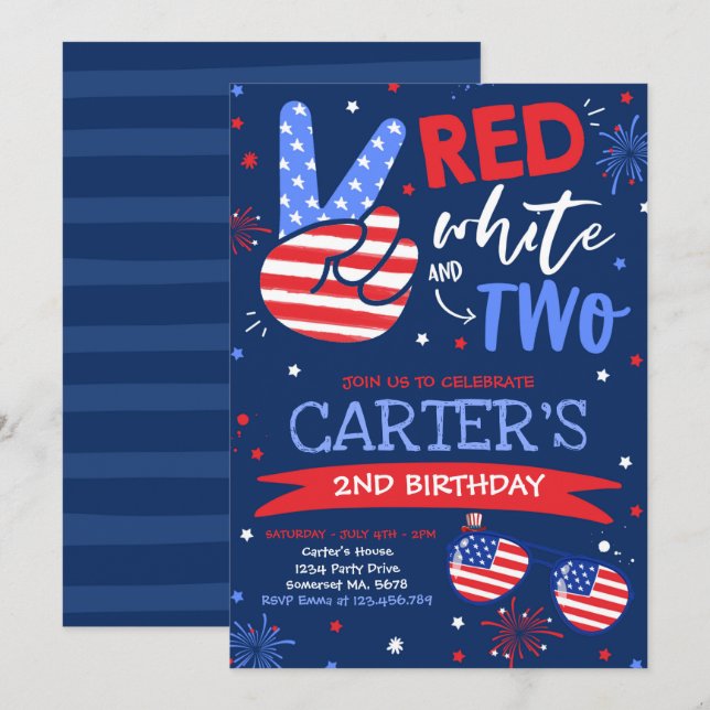 4:e juli Röd vit och blå 2:a födelsedagen Inbjudningar (Fram/baksida)