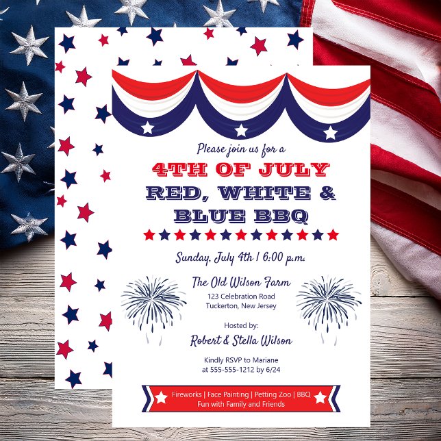 4:e juli Röd vit och blå BBQ Inbjudningar (Patriotic Bunting 4th of July Red, White and Blue BBQ Invitation - Print and/or Digital Download)