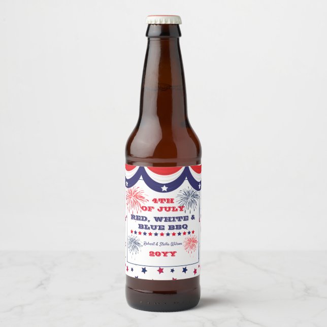 4:e juli Röd vit och blå BBQ Ölflaska Etikett (Framsida)