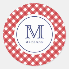 4:e juli Röda kontroller Blått Monogram Party-märk Runt Klistermärke
