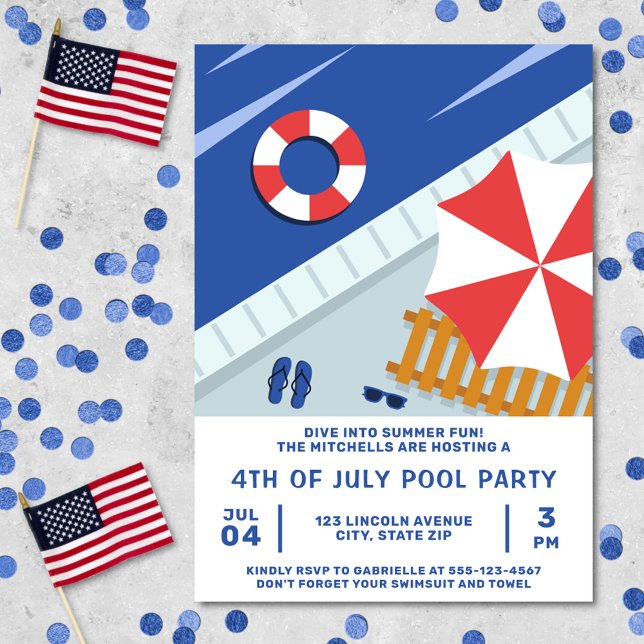 4:e juli Röda vitan och blått Party i Bassäng Inbjudningar (Fourth of July pool party invitation)