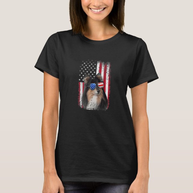 4:e juli: Sheltie American Flagga Patriotic Hund T Shirt (Framsida)