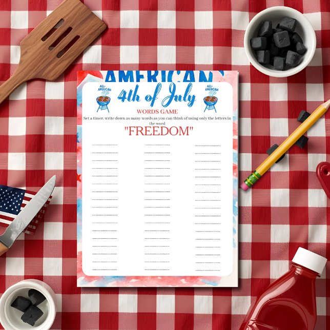 4:e juli självständighetsdag BBQ ordspelskort Julkort (4th of July Indepence day BBQ Words game card)