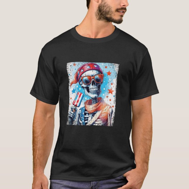 4:e juli Skeleton Popsicle Sunglass USA flagga T Shirt (Framsida)