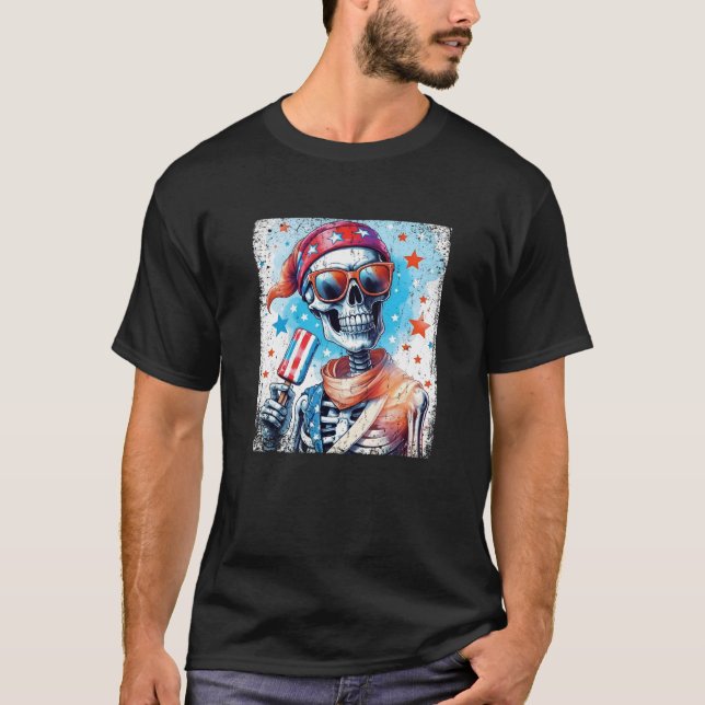4:e juli Skeleton Popsicle Sunglass USA flagga T Shirt (Framsida)