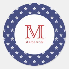 4:e juli Stars Blue Red Monogram Party-märke Runt Klistermärke